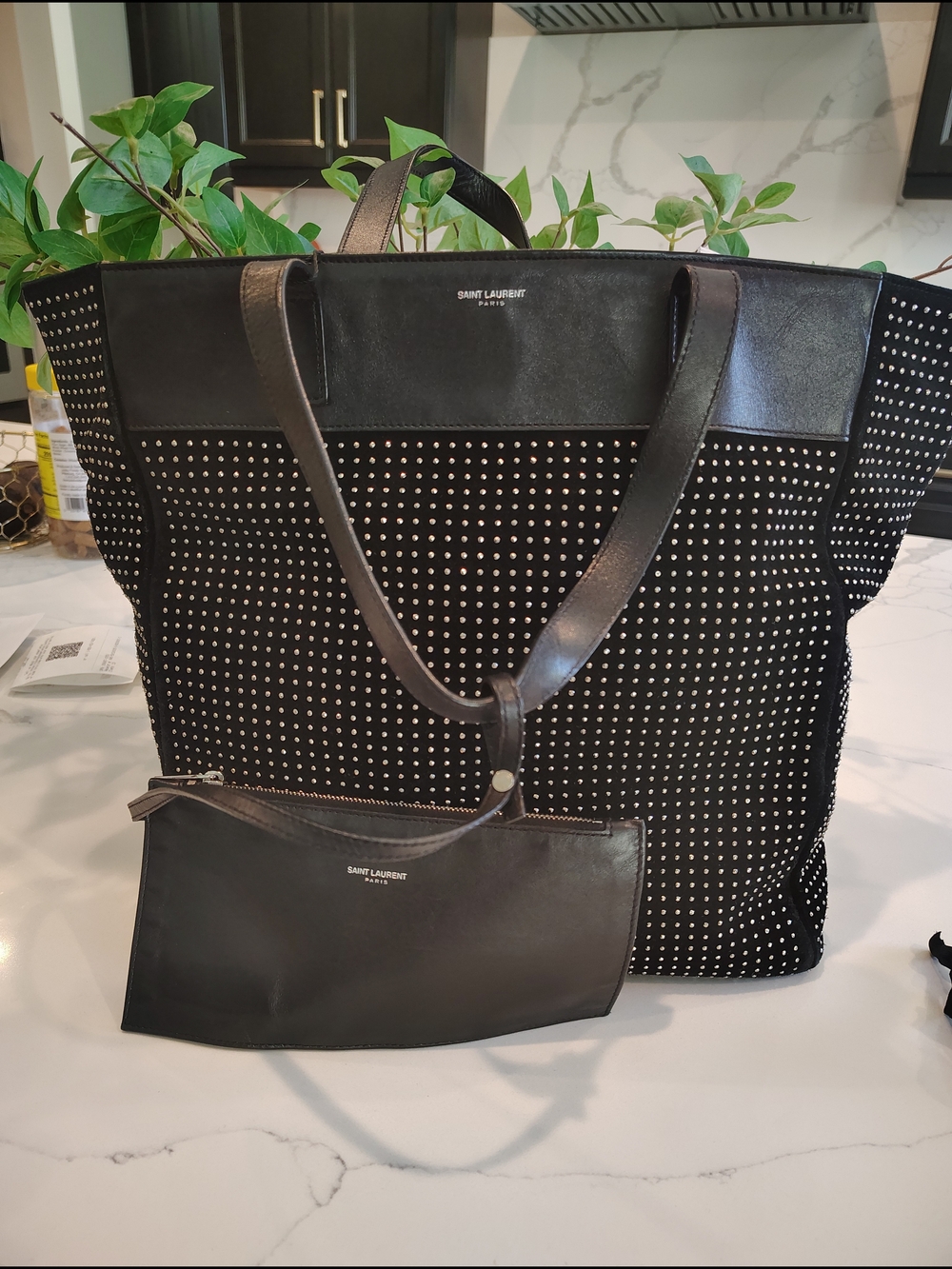 Saint Laurent Black Studded Tote with Matching Pouch